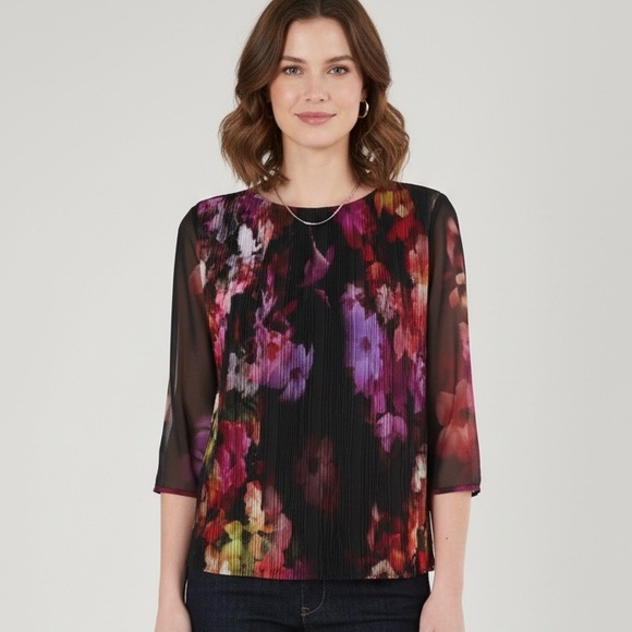Ted Baker Tops - Ted Baker London Wolbrr Floral Pleated Chiffon Blouse Sheer Sleeve Size XS